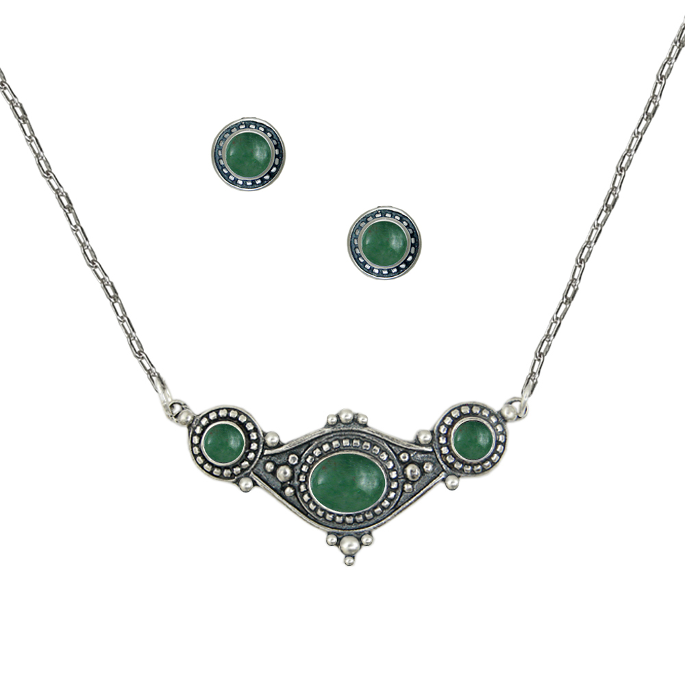 Sterling Silver Designer Necklace Earrings Set in Jade